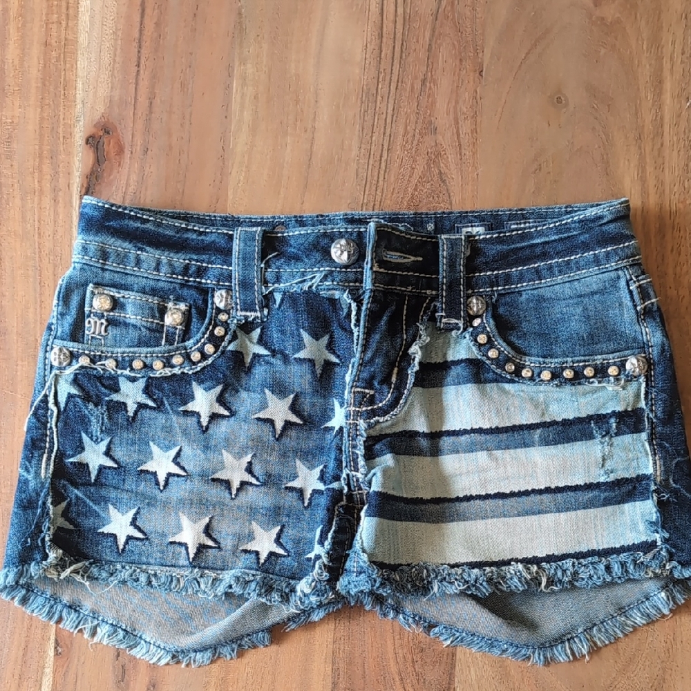 Miss Me Blue Denim Star & Stripe Jean Shorts